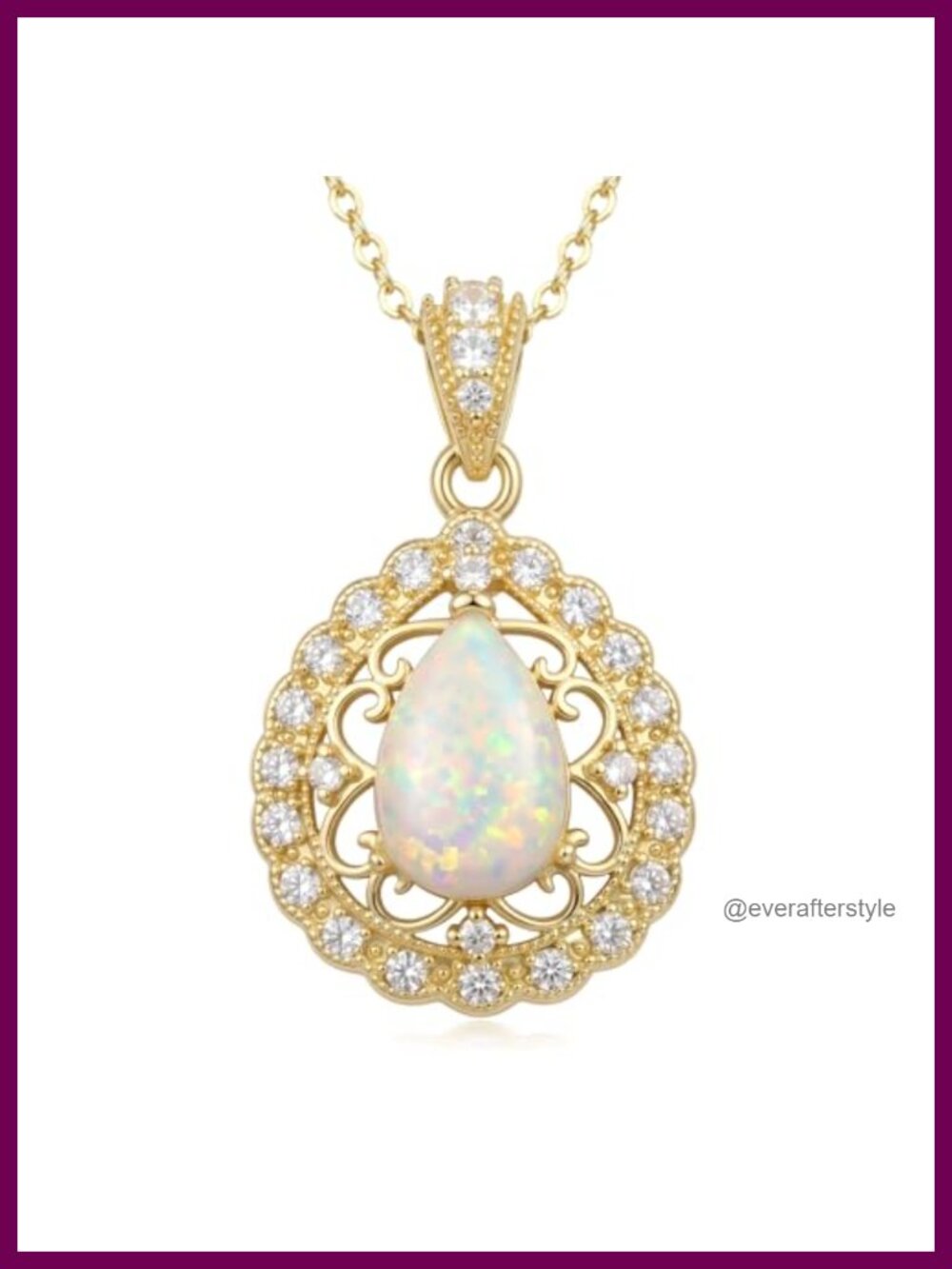 14K Gold Plated Vintage Opal Filigree Teardrop Pendant Necklace for Women